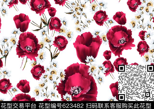 花朵花卉红色传统印花华亿平台下载（图片编号: 623482） - 瓦栏（Walan）