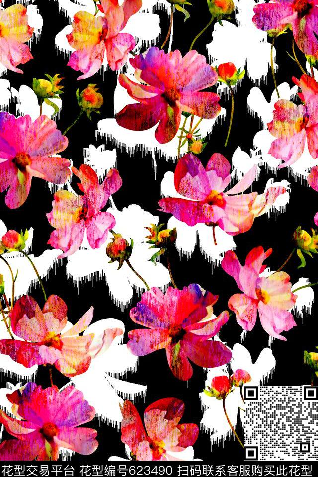 抽象手绘满版最新高清数码时尚潮流大牌复古欧美风纹理花卉女装裙数码印花华亿平台下载（图片编号: 623490） - 瓦栏（Walan）