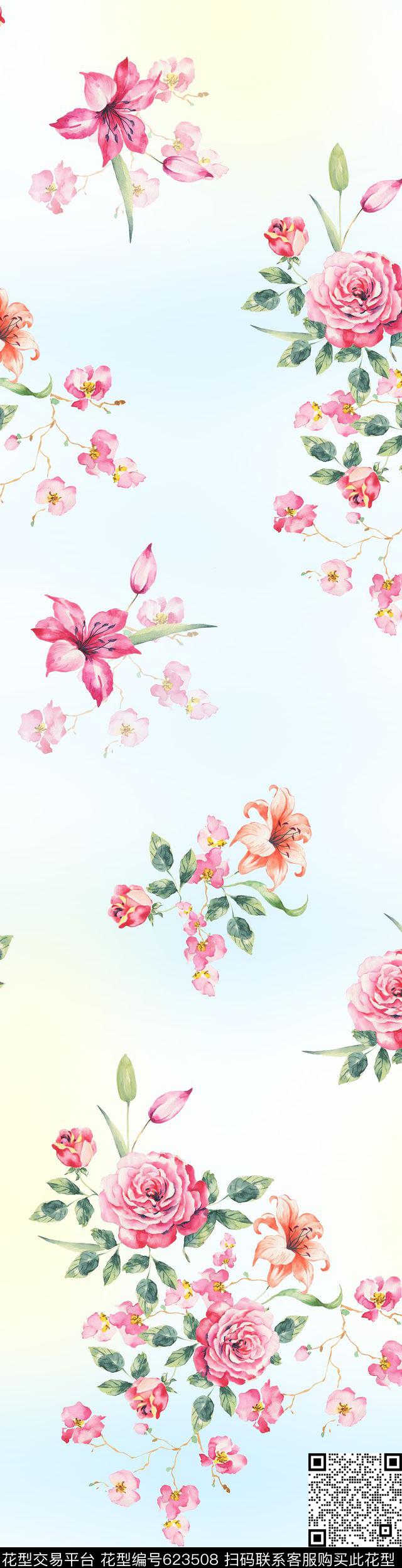 手绘水彩花卉传统印花华亿平台下载（图片编号: 623508） - 瓦栏（Walan）