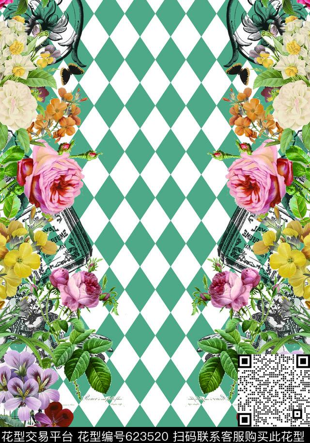 花卉几何拼接数码印花华亿平台下载（图片编号: 623520） - 瓦栏（Walan）