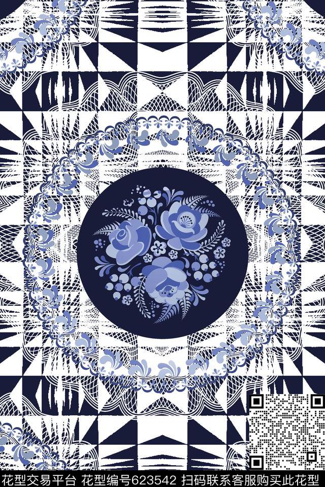 抽象手绘满版最新高清数码时尚潮流大牌复古欧美风青花几何格子数码印花华亿平台下载（图片编号: 623542） - 瓦栏（Walan）