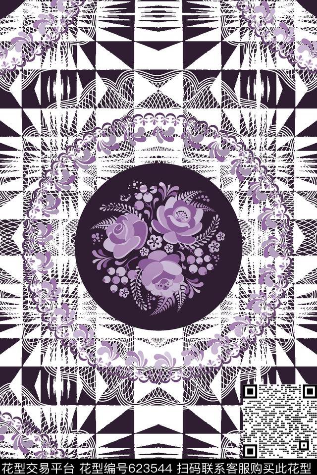 抽象手绘满版最新高清数码时尚潮流大牌复古欧美风青花几何格子数码印花华亿平台下载（图片编号: 623544） - 瓦栏（Walan）