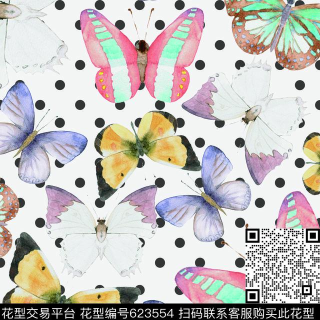 清新波点蝴蝶数码印花华亿平台下载（图片编号: 623554） - 瓦栏（Walan）