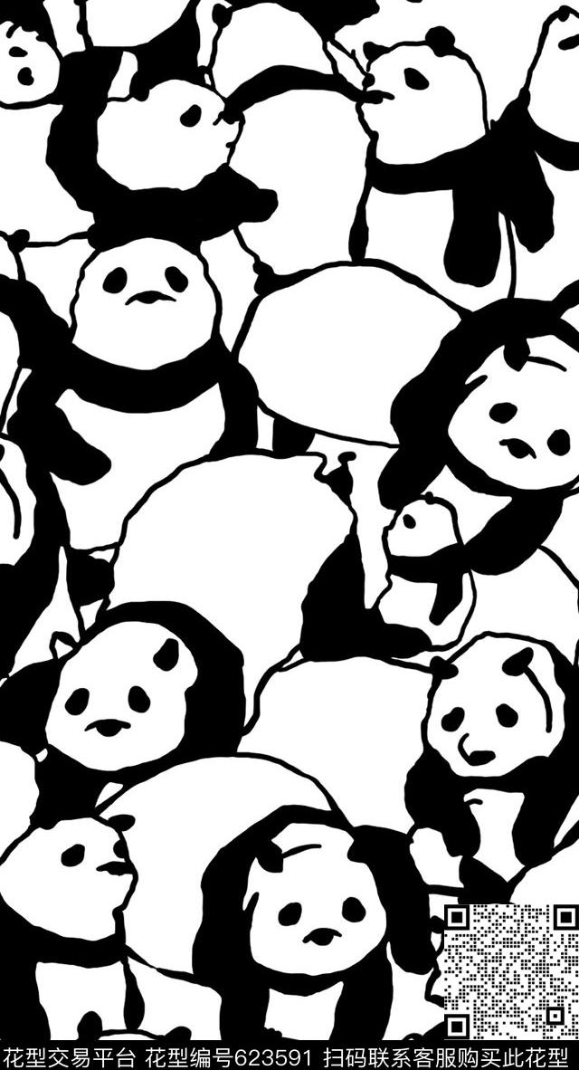 熊猫动物黑白传统印花华亿平台下载（图片编号: 623591） - 瓦栏（Walan）