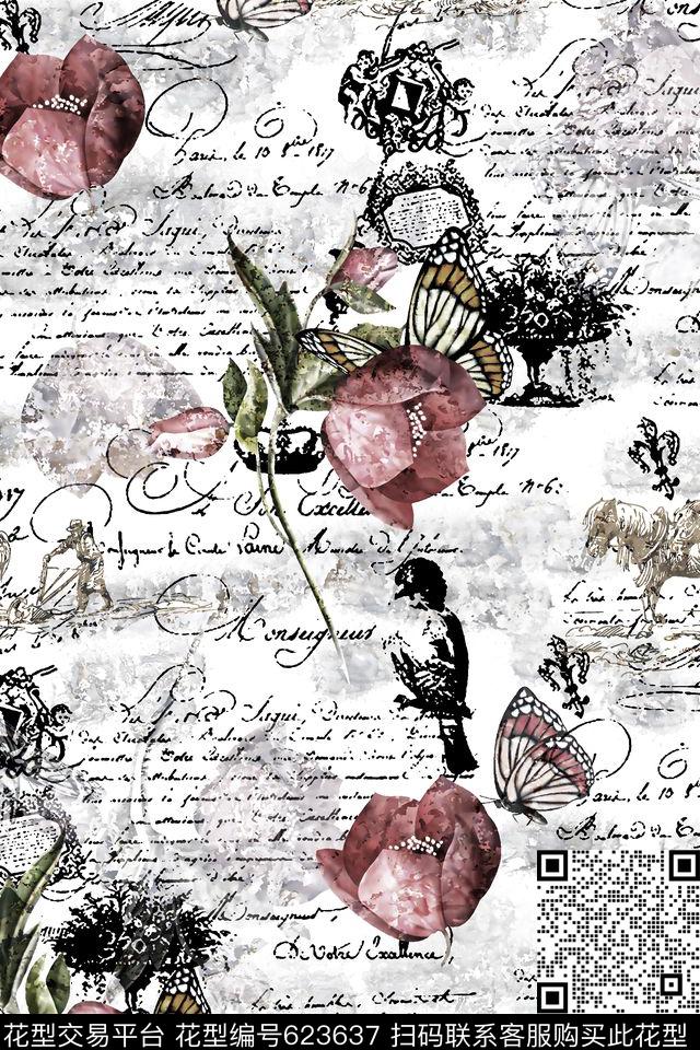 抽象手绘满版最新高清数码时尚潮流大牌复古欧美风花卉艺术英文数码印花华亿平台下载（图片编号: 623637） - 瓦栏（Walan）