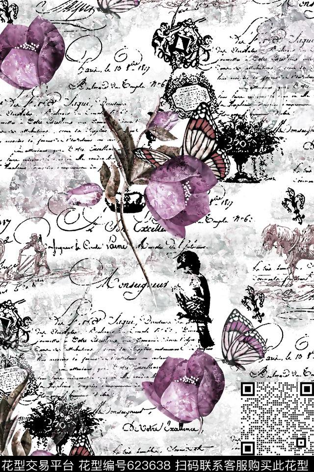 抽象手绘满版最新高清数码时尚潮流大牌复古欧美风花卉艺术英文数码印花华亿平台下载（图片编号: 623638） - 瓦栏（Walan）