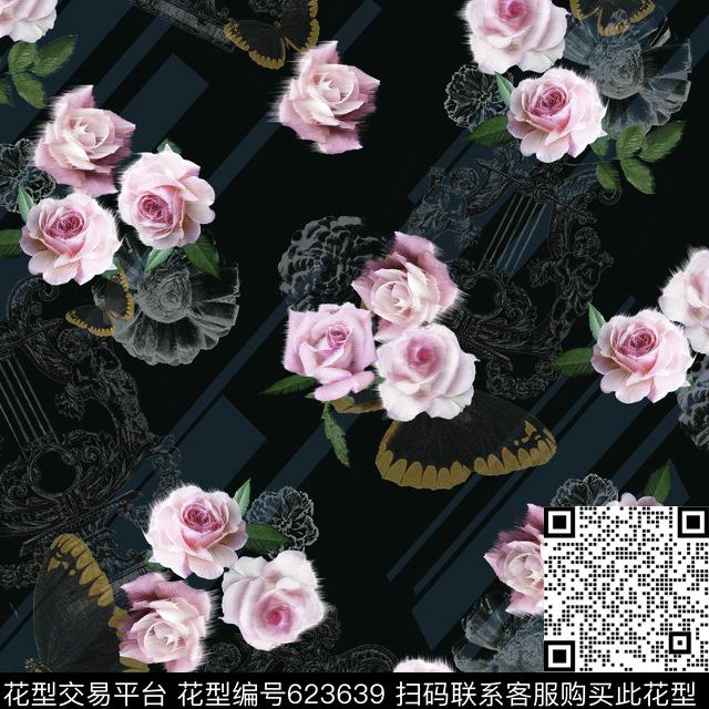暗黑玫瑰时尚数码印花华亿平台下载（图片编号: 623639） - 瓦栏（Walan）