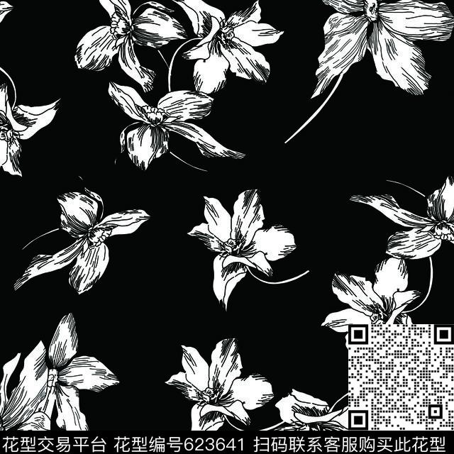 线条百合花卉传统印花华亿平台下载（图片编号: 623641） - 瓦栏（Walan）