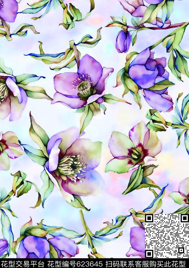 水彩花卉浪漫数码印花华亿平台下载（图片编号: 623645） - 瓦栏（Walan）