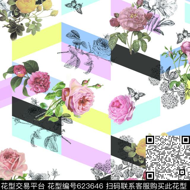 几何玫瑰爆款数码印花华亿平台下载（图片编号: 623646） - 瓦栏（Walan）