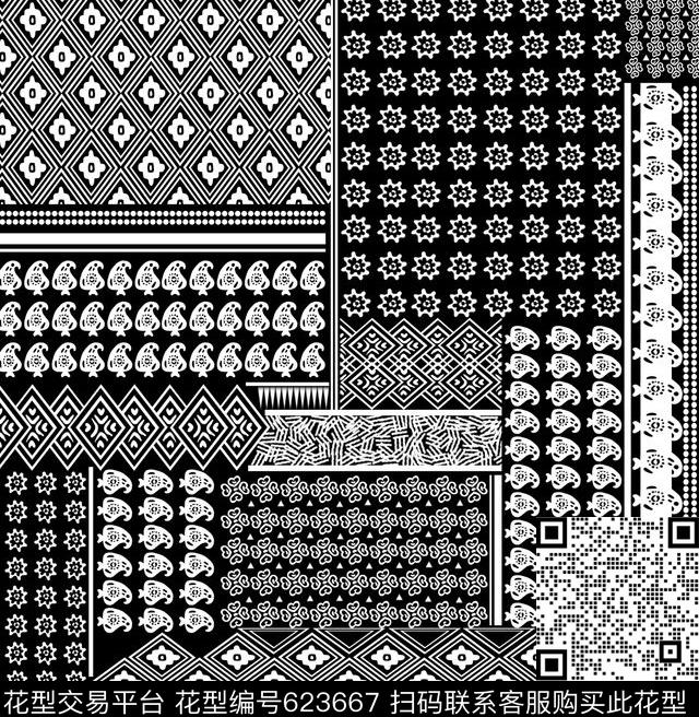 拼接格子黑白传统印花华亿平台下载（图片编号: 623667） - 瓦栏（Walan）