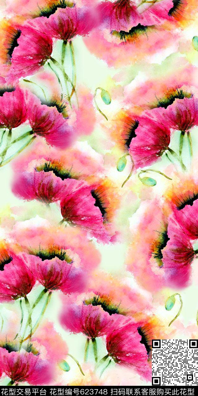 水彩花卉罂粟花数码印花华亿平台下载（图片编号: 623748） - 瓦栏（Walan）