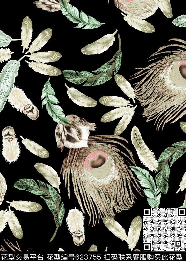 羽毛孔雀毛满版乱花数码印花华亿平台下载（图片编号: 623755） - 瓦栏（Walan）
