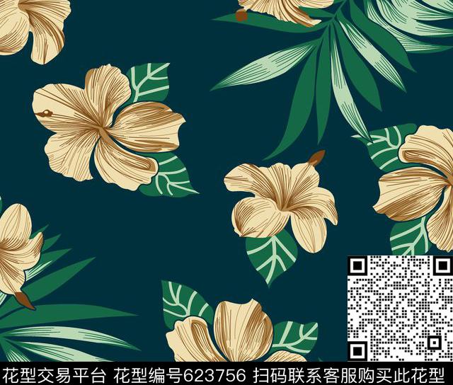 绿叶棕花藏青底传统印花华亿平台下载（图片编号: 623756） - 瓦栏（Walan）