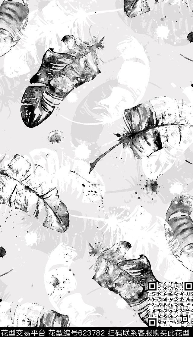 黑白叶子水彩数码印花华亿平台下载（图片编号: 623782） - 瓦栏（Walan）