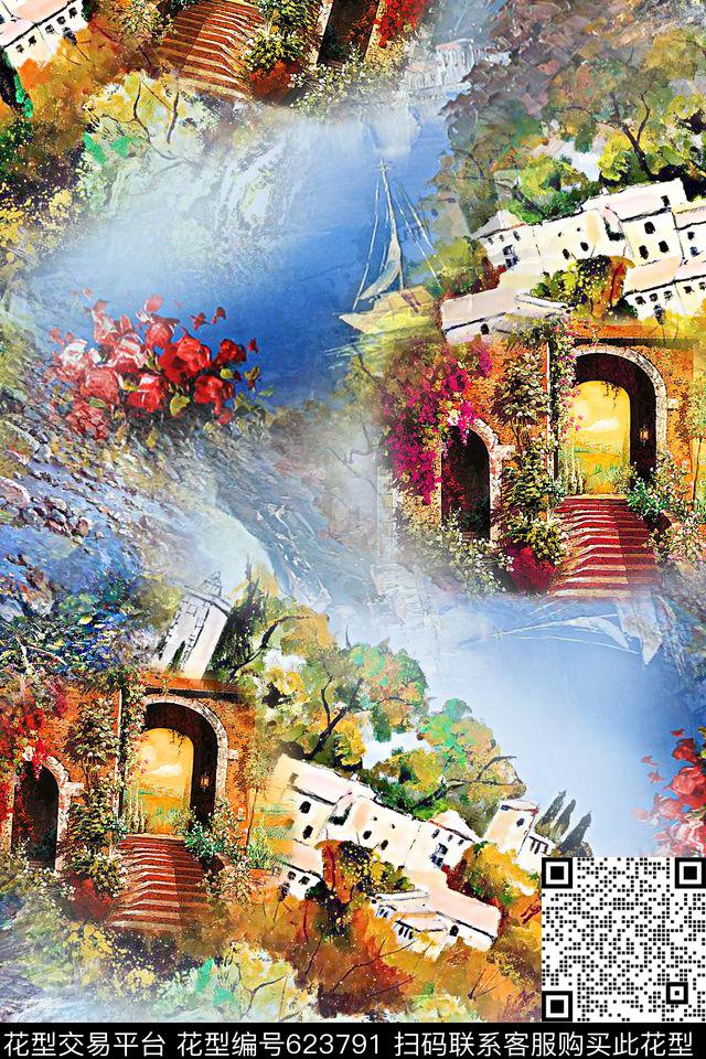 油画建筑风景数码印花华亿平台下载（图片编号: 623791） - 瓦栏（Walan）
