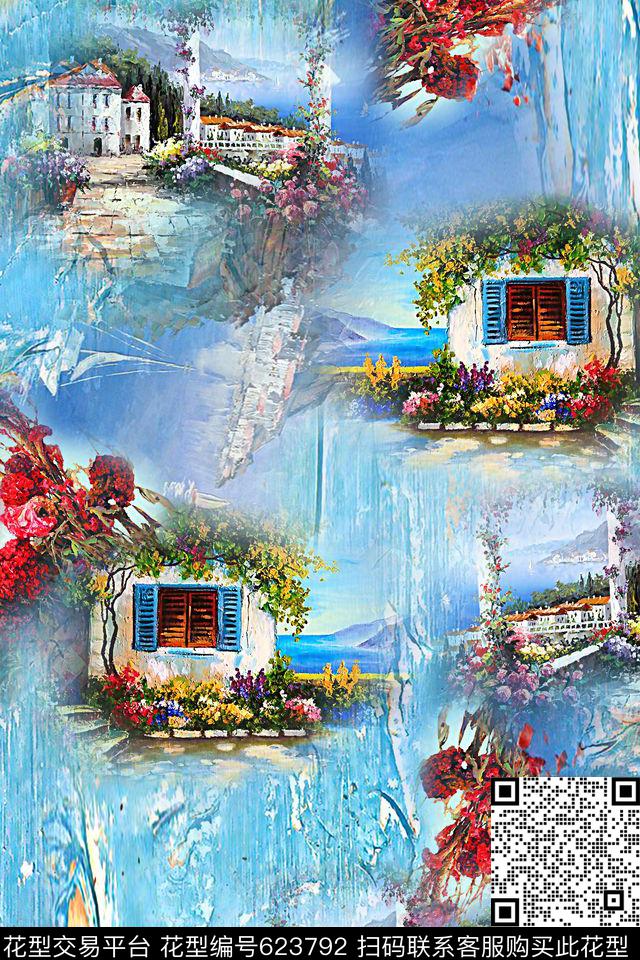 油画风景建筑数码印花华亿平台下载（图片编号: 623792） - 瓦栏（Walan）
