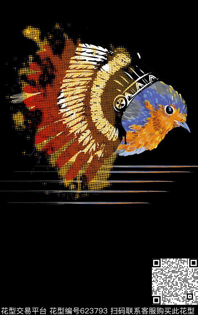 男装定位线条小鸟数码印花华亿平台下载（图片编号: 623793） - 瓦栏（Walan）