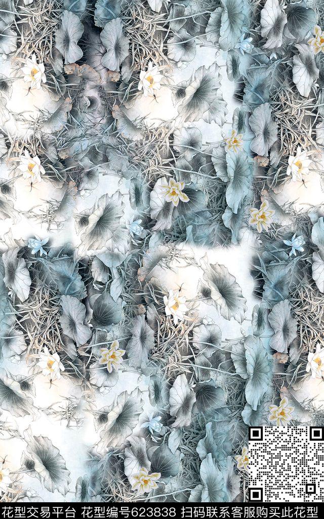 荷花花卉水彩数码印花华亿平台下载（图片编号: 623838） - 瓦栏（Walan）