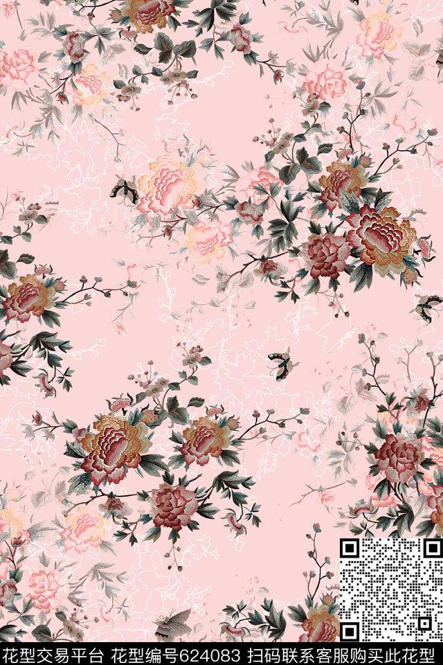 线条刺绣花卉碎花数码印花华亿平台下载（图片编号: 624083） - 瓦栏（Walan）