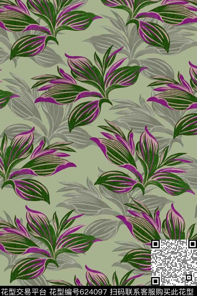 水彩手绘叶子数码印花华亿平台下载（图片编号: 624097） - 瓦栏（Walan）