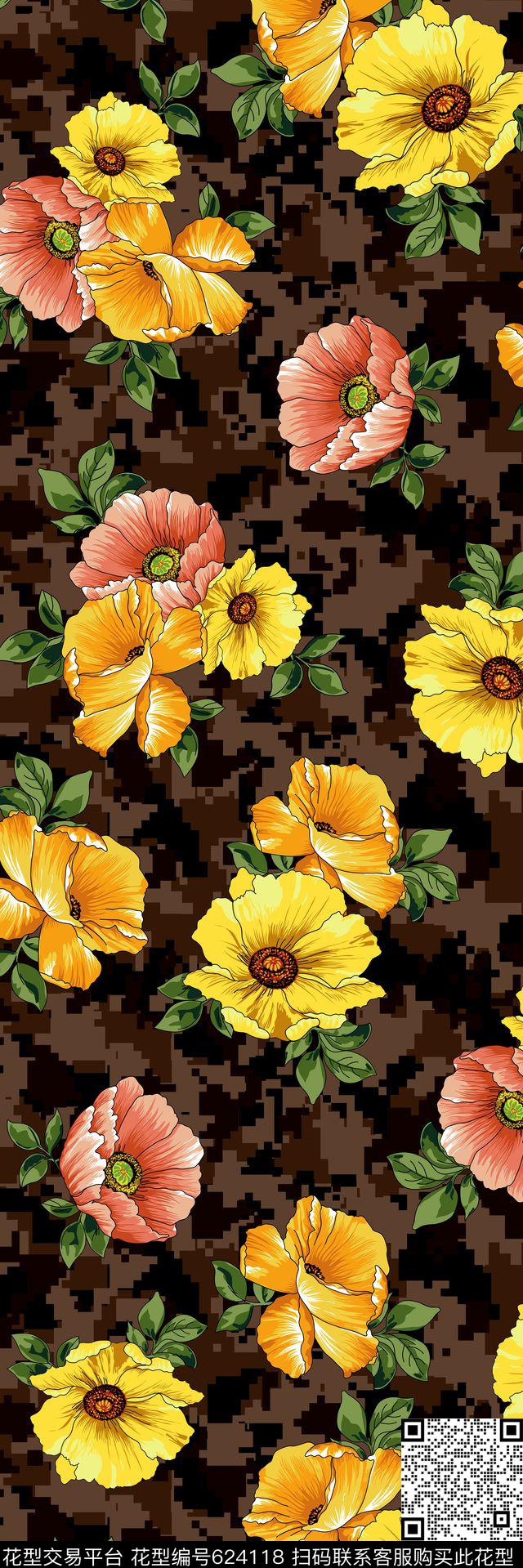 花卉迷彩。时尚丝巾长巾传统印花华亿平台下载（图片编号: 624118） - 瓦栏（Walan）