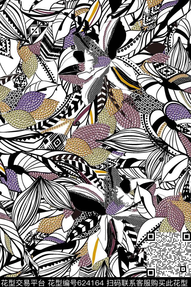 树枝线条植物传统印花华亿平台下载（图片编号: 624164） - 瓦栏（Walan）