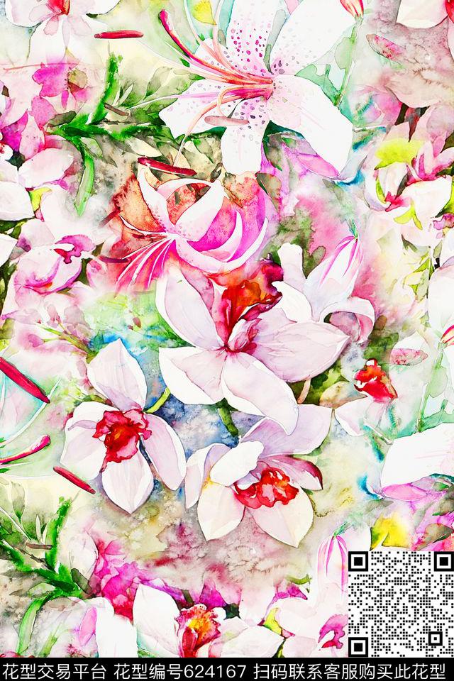手绘水彩玉兰花数码印花华亿平台下载（图片编号: 624167） - 瓦栏（Walan）