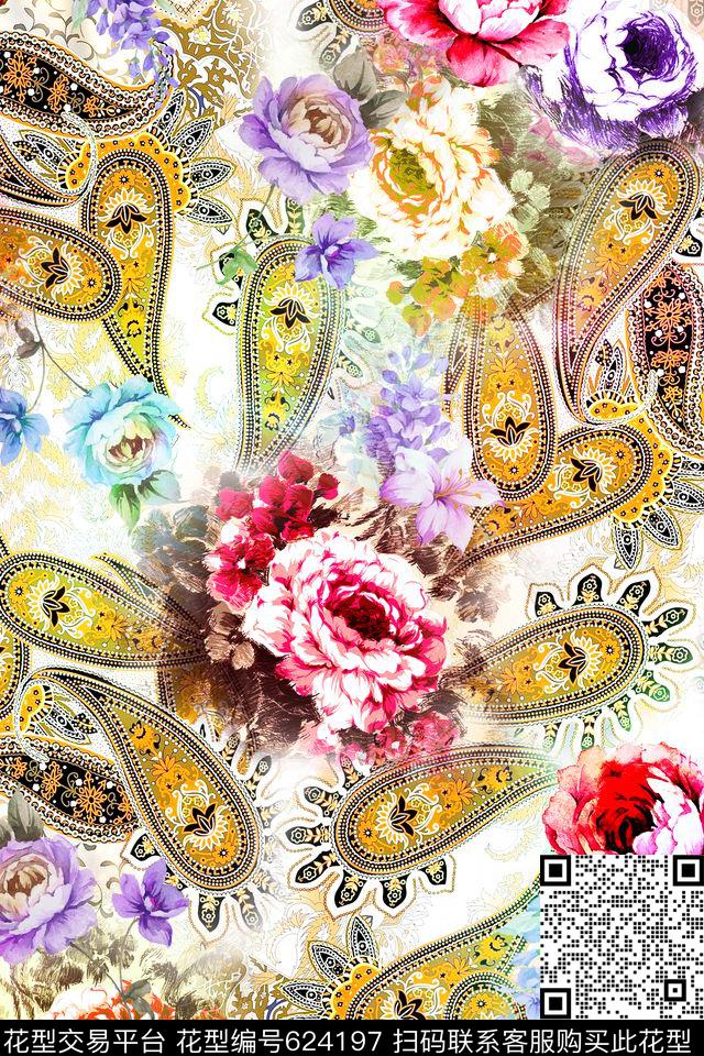 花朵花卉佩兹利数码印花华亿平台下载（图片编号: 624197） - 瓦栏（Walan）