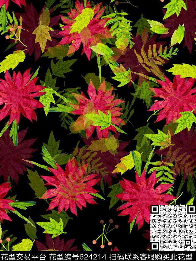 时尚、复古、一品红、绿叶数码印花华亿平台下载（图片编号: 624214） - 瓦栏（Walan）