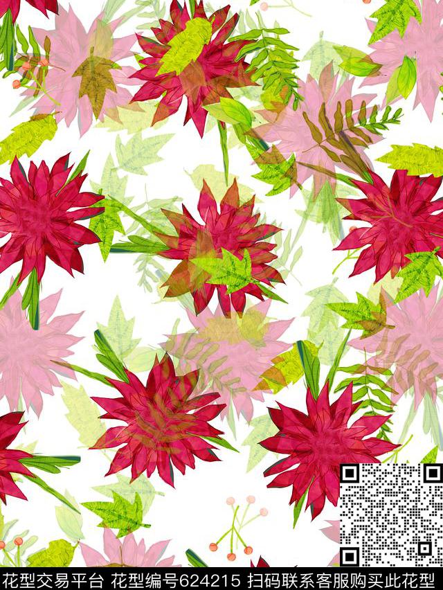 时尚、复古、一品红、绿叶数码印花华亿平台下载（图片编号: 624215） - 瓦栏（Walan）
