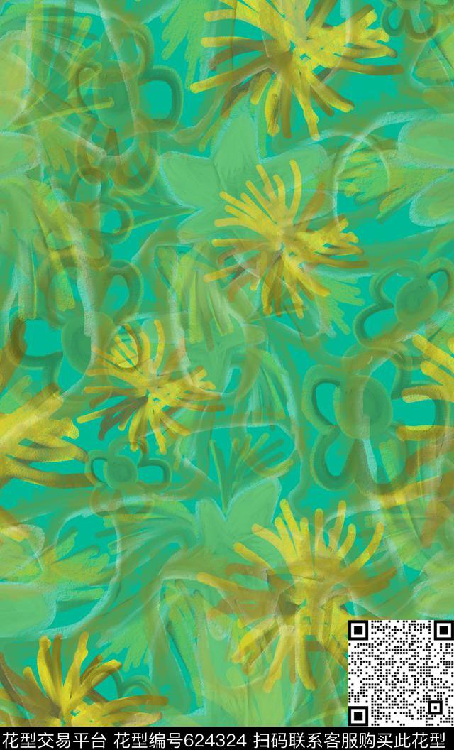 手绘涂鸦图案花卉组合抽象数码印花华亿平台下载（图片编号: 624324） - 瓦栏（Walan）