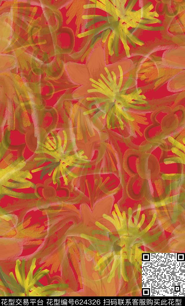 手绘涂鸦图案花卉组合抽象数码印花华亿平台下载（图片编号: 624326） - 瓦栏（Walan）