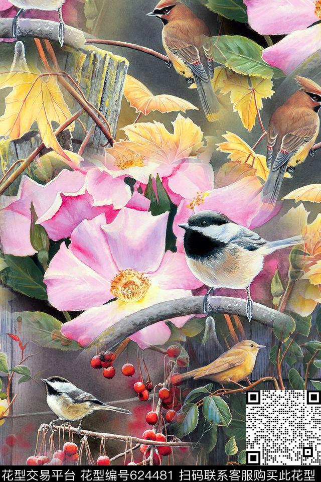 花鸟花朵花卉数码印花华亿平台下载（图片编号: 624481） - 瓦栏（Walan）