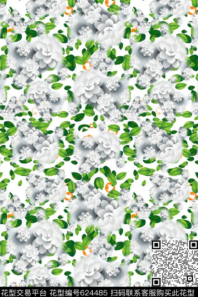 绿叶叶花朵数码印花华亿平台下载（图片编号: 624485） - 瓦栏（Walan）