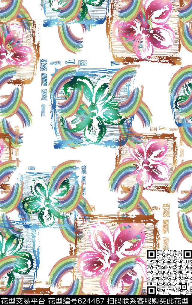 抽象几何手绘涂鸦图案数码印花华亿平台下载（图片编号: 624487） - 瓦栏（Walan）