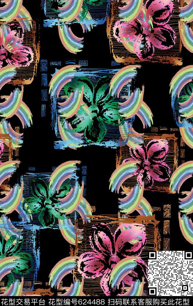 抽象几何手绘涂鸦图案数码印花华亿平台下载（图片编号: 624488） - 瓦栏（Walan）