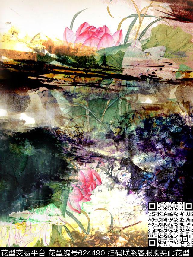 油画花卉花卉荷花数码印花华亿平台下载（图片编号: 624490） - 瓦栏（Walan）