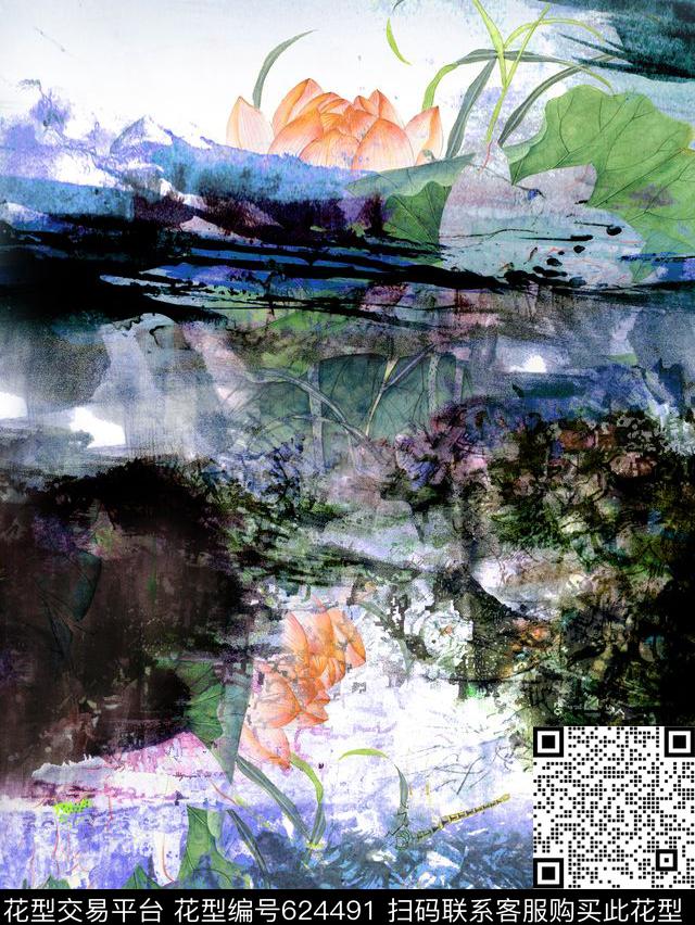 油画花卉花卉荷花数码印花华亿平台下载（图片编号: 624491） - 瓦栏（Walan）