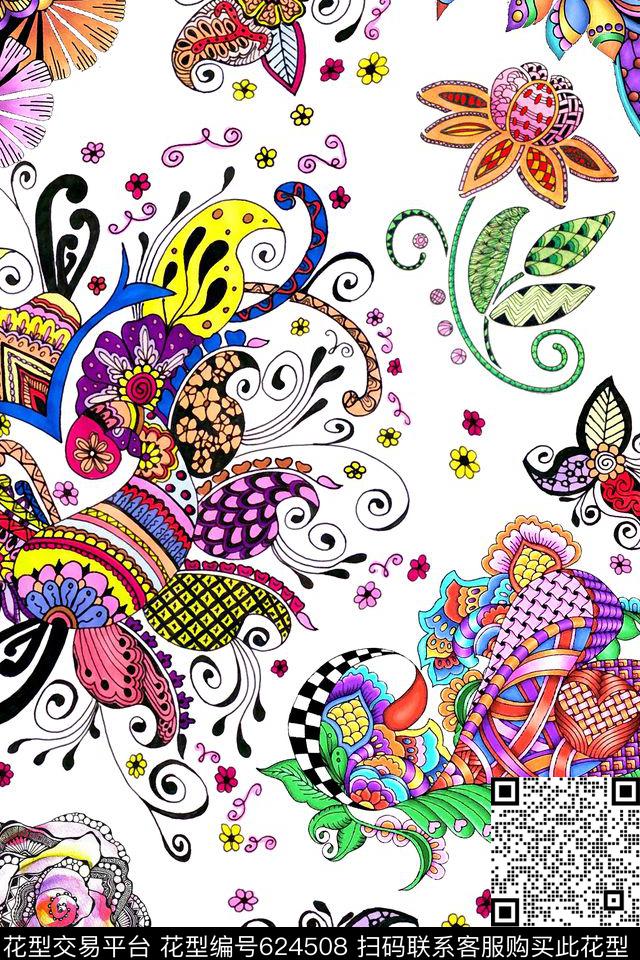 线描花卉几何数码印花华亿平台下载（图片编号: 624508） - 瓦栏（Walan）