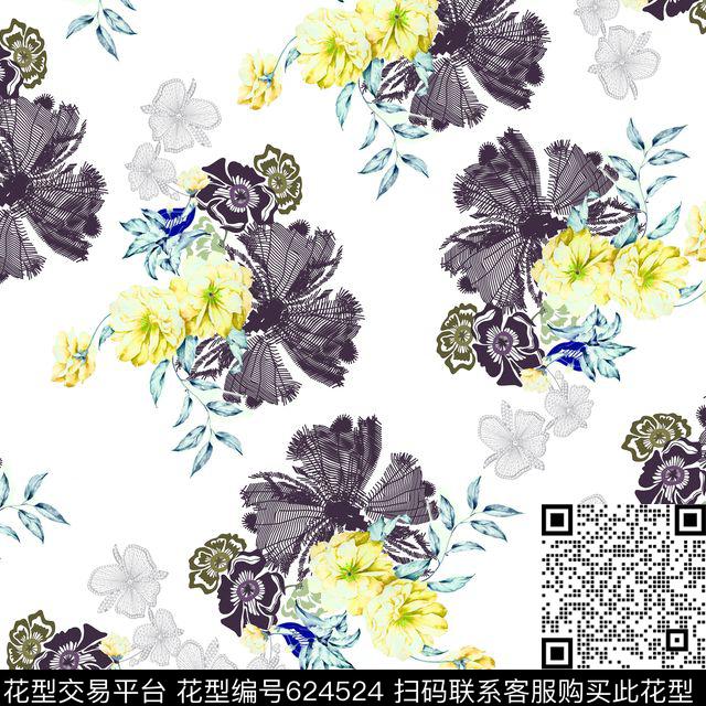 牡丹花朵花卉数码印花华亿平台下载（图片编号: 624524） - 瓦栏（Walan）