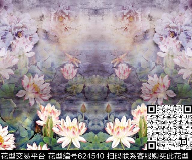 荷花花卉水墨花卉数码印花华亿平台下载（图片编号: 624540） - 瓦栏（Walan）