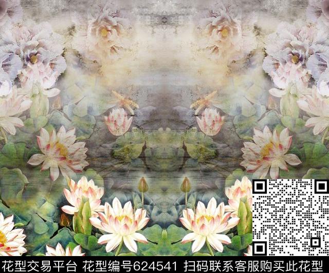 荷花花卉水墨花卉数码印花华亿平台下载（图片编号: 624541） - 瓦栏（Walan）