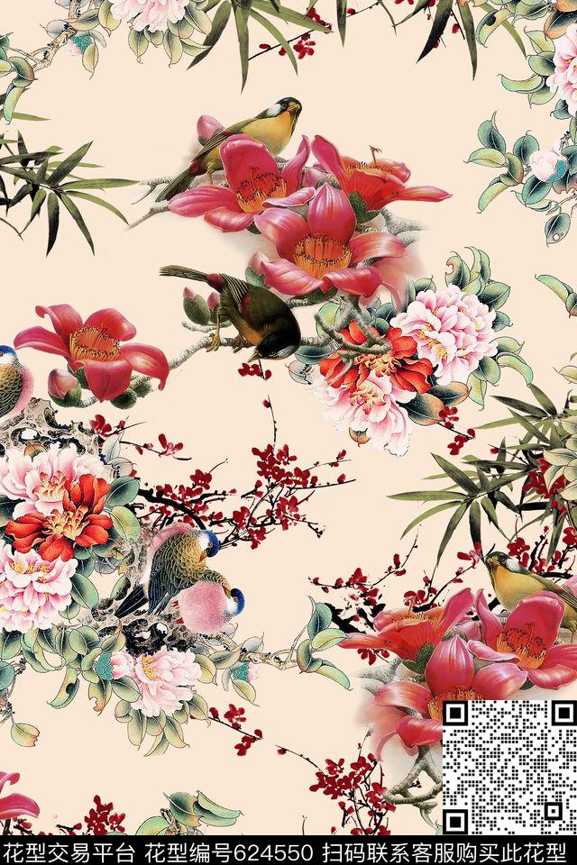 花鸟图中国风花卉数码印花华亿平台下载（图片编号: 624550） - 瓦栏（Walan）