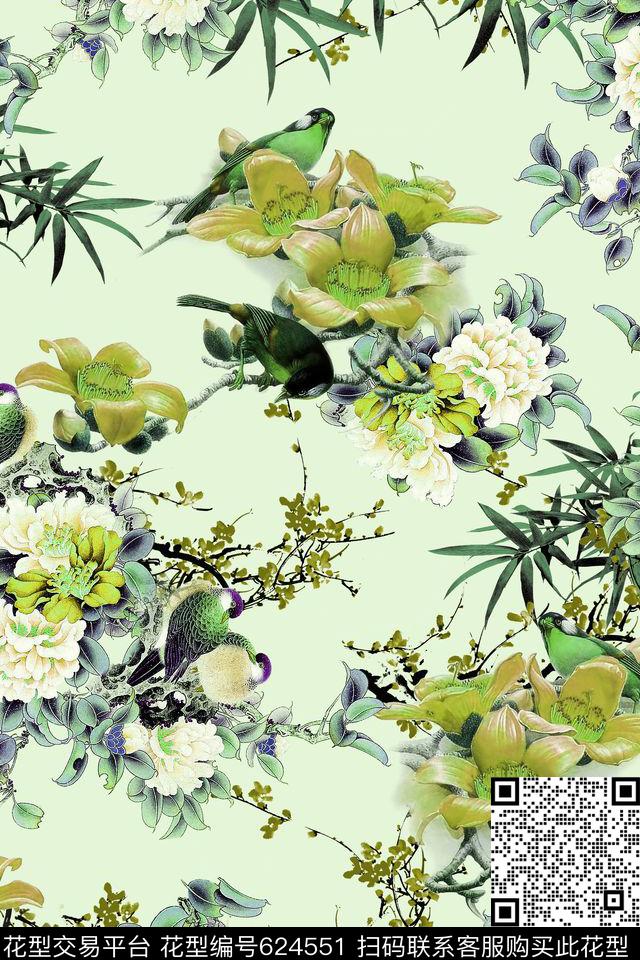 花鸟图中国风花卉数码印花华亿平台下载（图片编号: 624551） - 瓦栏（Walan）