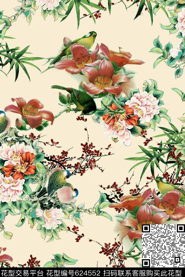 花鸟图中国风花卉数码印花华亿平台下载（图片编号: 624552） - 瓦栏（Walan）