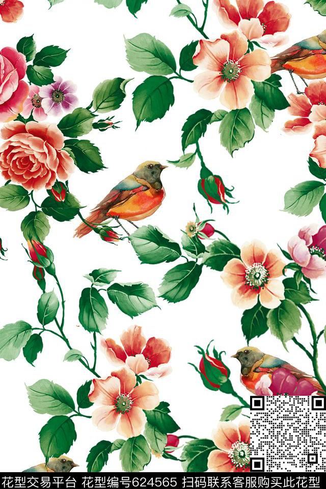 花鸟花朵花卉数码印花华亿平台下载（图片编号: 624565） - 瓦栏（Walan）
