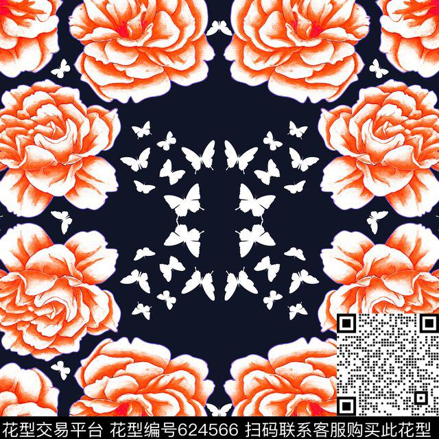 月季花蝴蝶。时尚大牌方巾传统印花华亿平台下载（图片编号: 624566） - 瓦栏（Walan）