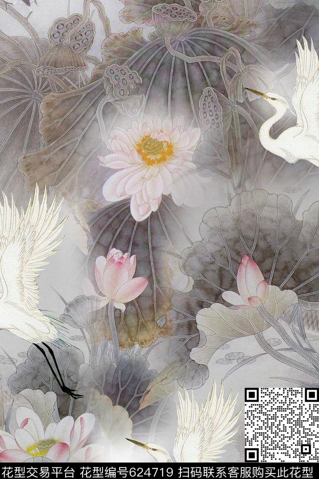 荷花手绘中国风数码印花华亿平台下载（图片编号: 624719） - 瓦栏（Walan）