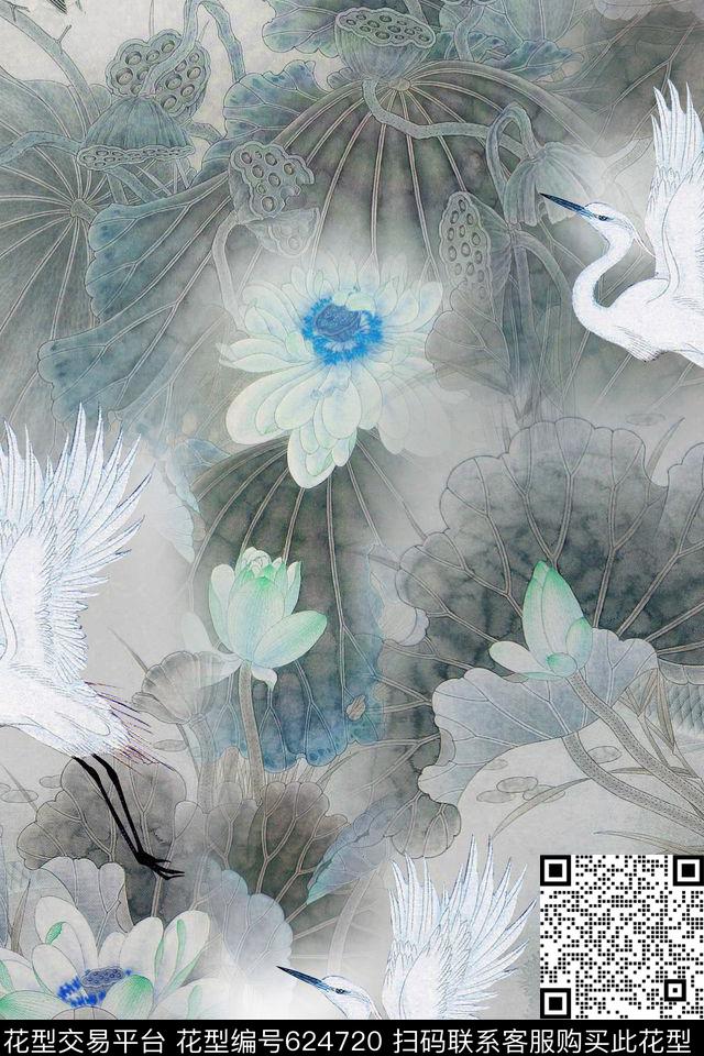荷花手绘中国风数码印花华亿平台下载（图片编号: 624720） - 瓦栏（Walan）